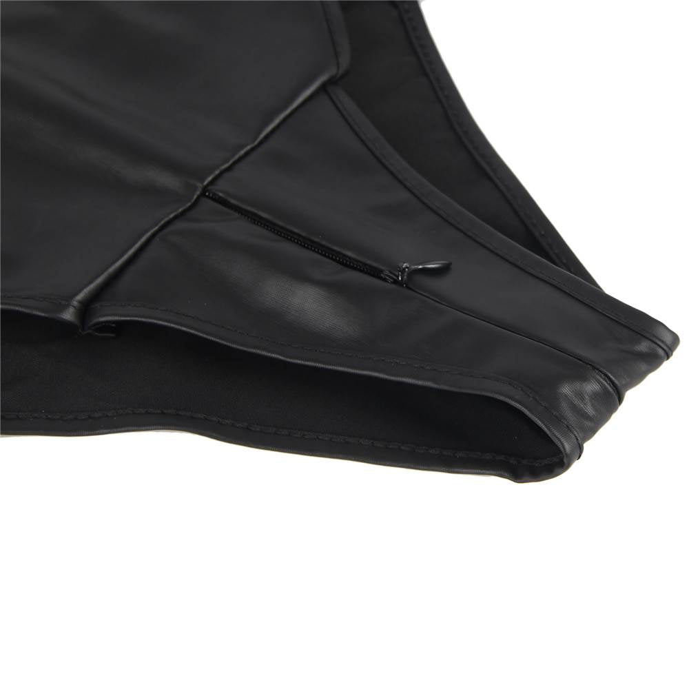 Sleeveless Bodysuit Black PU Leather Open Bust Temptation