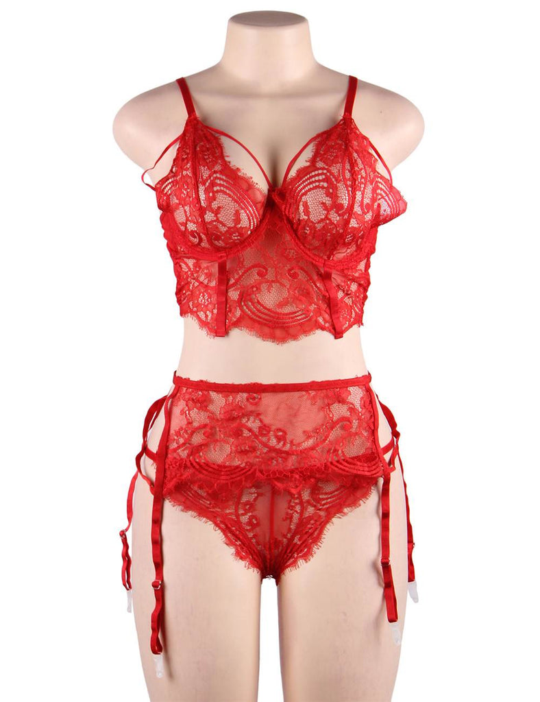 Lace Open Bust Bra And Garter Panty Set With Steel Ring