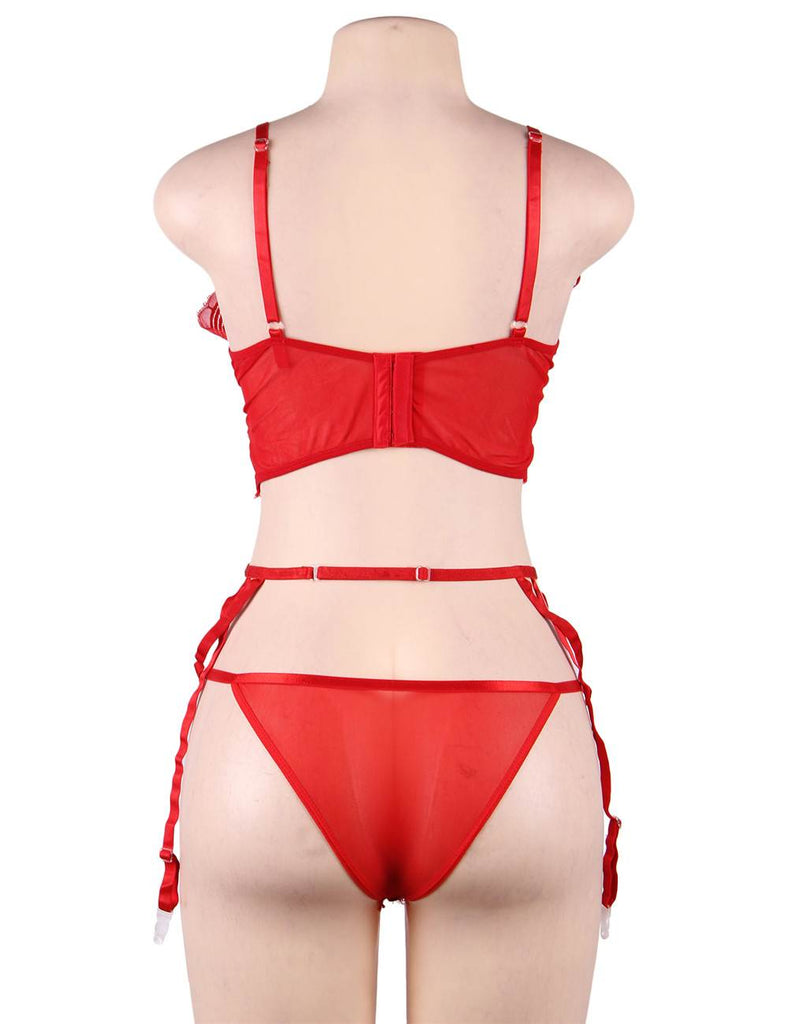 Lace Open Bust Bra And Garter Panty Set With Steel Ring