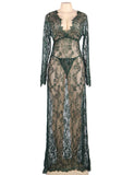 Black & Maroon & White & Green Delicate Lace Long Sleepwear Gown