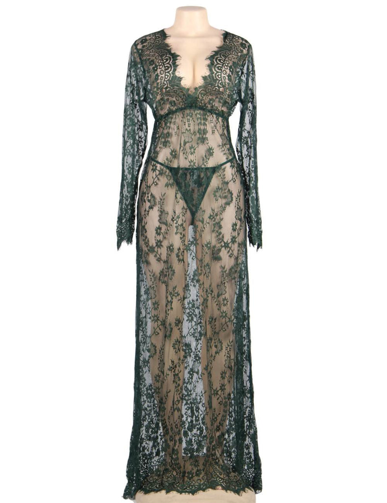 New Black & Maroon & White & Green Delicate Lace Long Sleepwear Gown