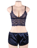 Women Hollow Sexy Sleepwear Nightwear Lace Trim Satin Top Pajama Sets