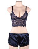 New Women Hollow Sexy Sleepwear Nightwear Lace Trim Satin Top Pajama Sets