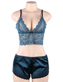 Women Hollow Sexy Sleepwear Nightwear Lace Trim Satin Top Pajama Sets