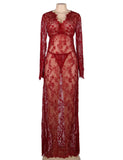 Black & Maroon & White & Green Delicate Lace Long Sleepwear Gown