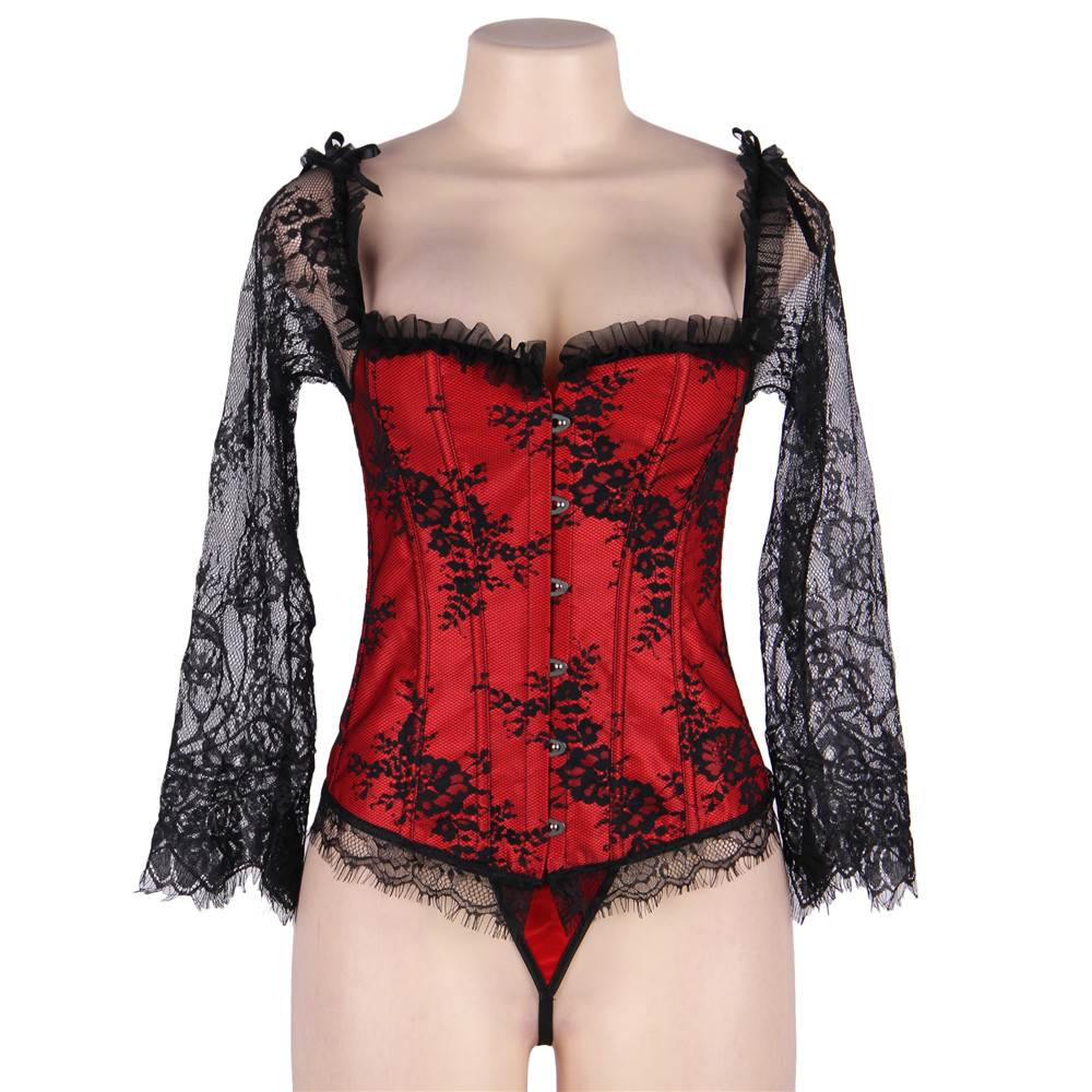 New Sexy Lace Sleeves Stitching Red Corset