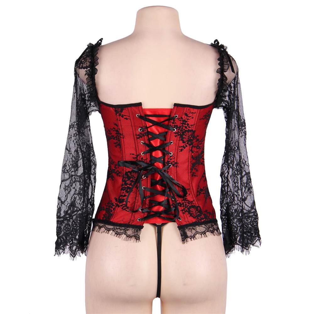New Sexy Lace Sleeves Stitching Red Corset