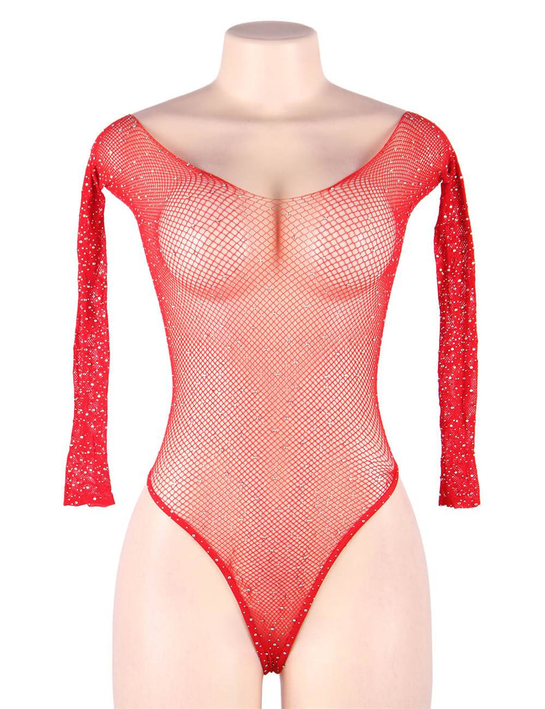 New Long Sleeve Fishnet Off-the-shoulder Sparkle Bodysuit