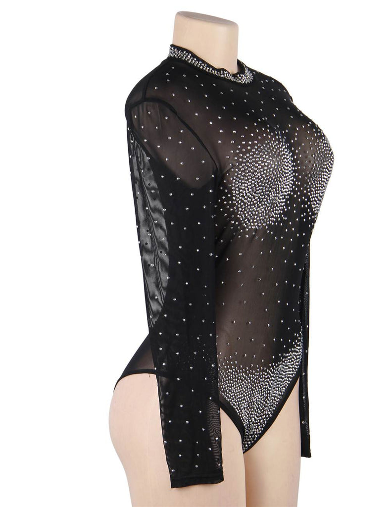 Black Long Sleeve Mesh Rhinestone Sexy Women Transparent Teddy