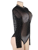 Black Long Sleeve Mesh Rhinestone Sexy Women Transparent Teddy