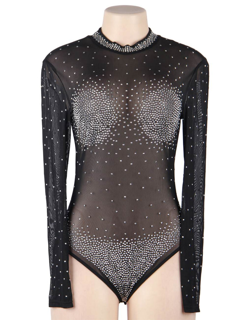 Black Long Sleeve Mesh Rhinestone Sexy Women Transparent Teddy