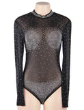 Black Long Sleeve Mesh Rhinestone Sexy Women Transparent Teddy