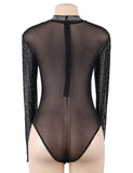 Black Long Sleeve Mesh Rhinestone Sexy Women Transparent Teddy