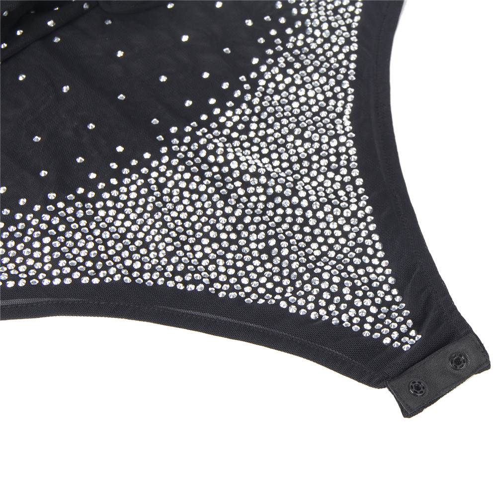 Black Long Sleeve Mesh Rhinestone Sexy Women Transparent Teddy