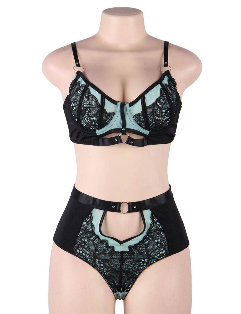 Blue Exquisite Sexy Lace Splice Bra Set With Underwire