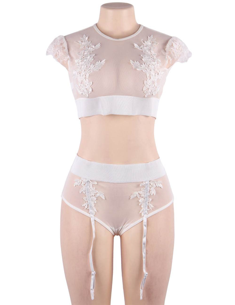 Black & White Sexy High Waist Elegant Embroidery Bra And Garter Panty Set