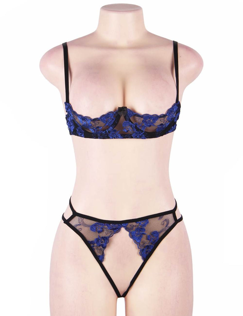 Red Flower Embroidery Open Bra Set