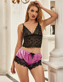 Women Hollow Sexy Sleepwear Nightwear Lace Trim Satin Top Pajama Sets