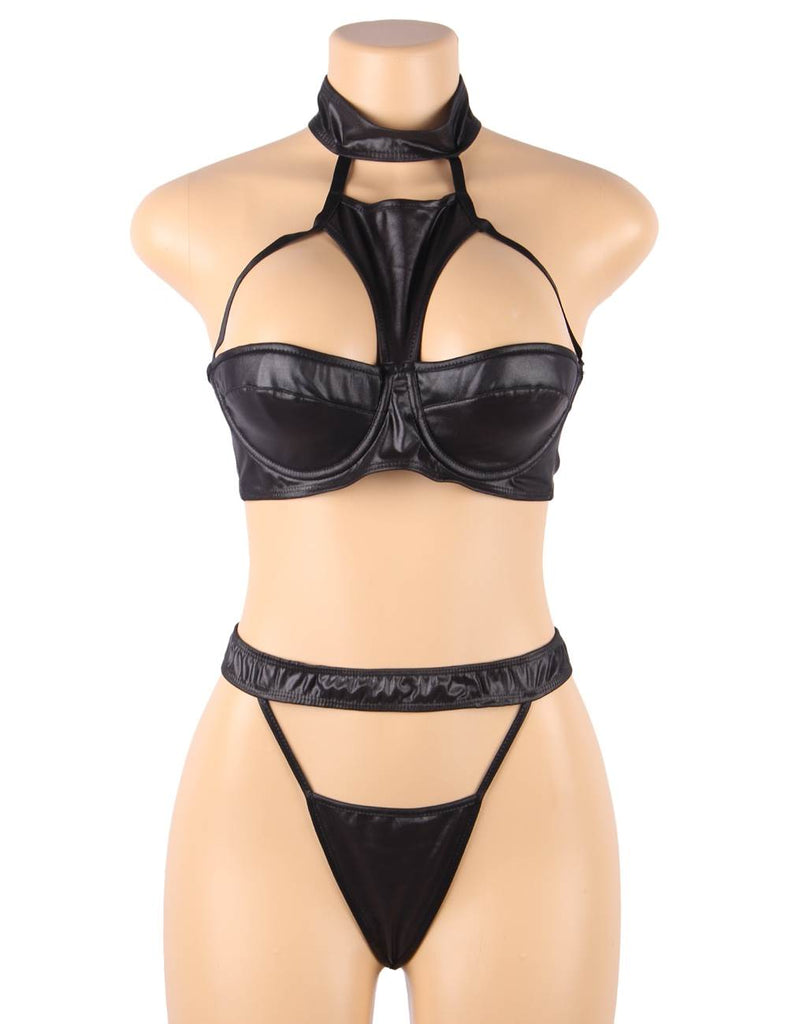 Plus Size Sexy Black Leather Exquisite Choker Neck Bra Set