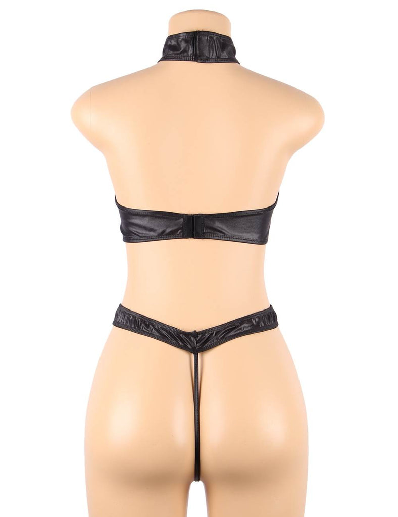 Plus Size Sexy Black Leather Exquisite Choker Neck Bra Set