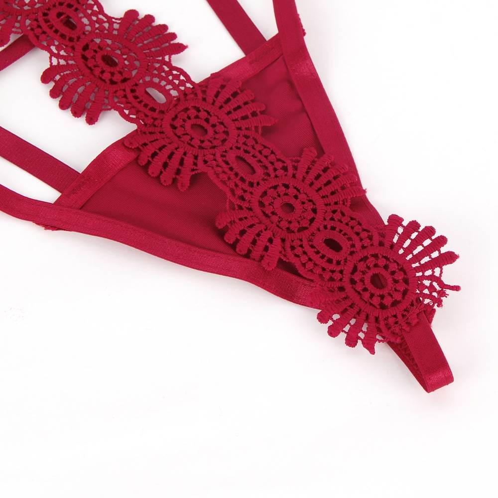 Red Delicate Flowers Lace Hollow Out Teddy With Underwire