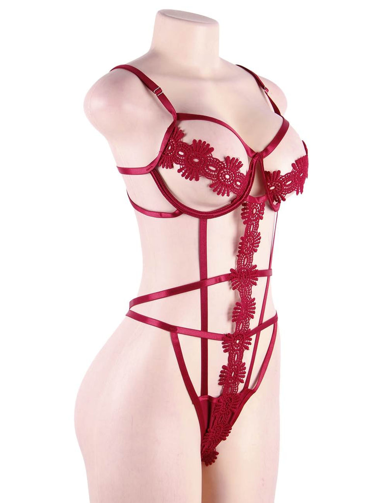 Red Delicate Flowers Lace Hollow Out Teddy With Underwire