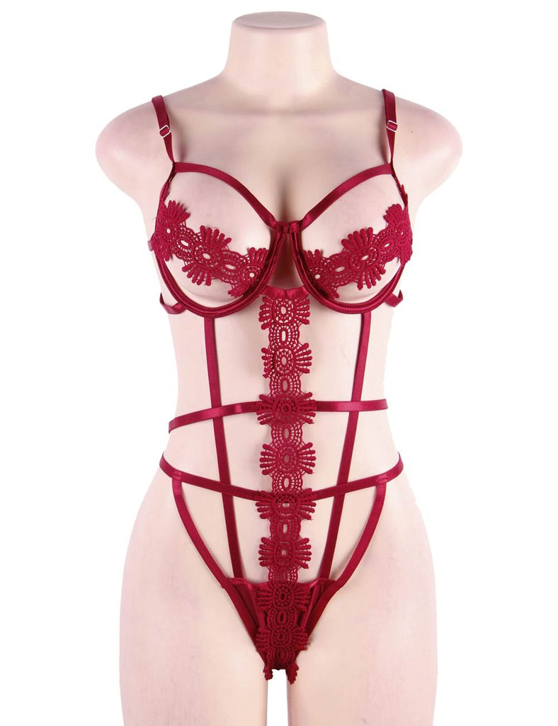 Red Delicate Flowers Lace Hollow Out Teddy With Underwire