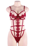 Red Delicate Flowers Lace Hollow Out Teddy With Underwire