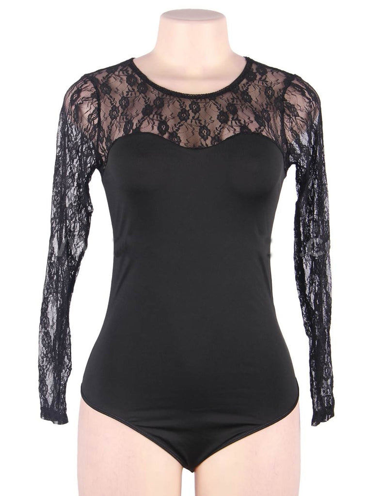 New One Piece Long Sleeve Black & Red Lace Teddy