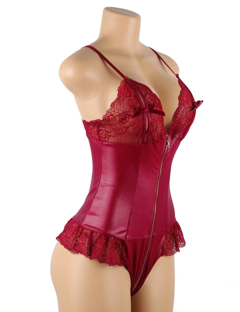 Sexy Lace Leather Stitching Zipper Teddy Clubwear