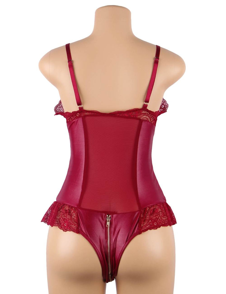 Sexy Lace Leather Stitching Zipper Teddy Clubwear