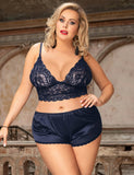 Women Hollow Sexy Sleepwear Nightwear Lace Trim Satin Top Pajama Sets