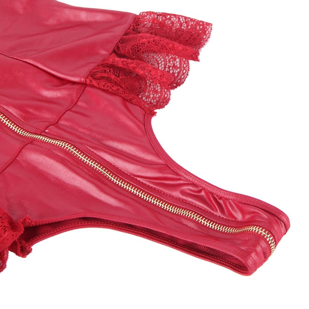 Sexy Lace Leather Stitching Zipper Teddy Clubwear