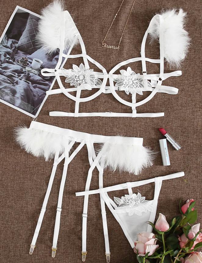 Sexy 3pcs Embroidery Applique Feather Bra Panty Set With Underwire
