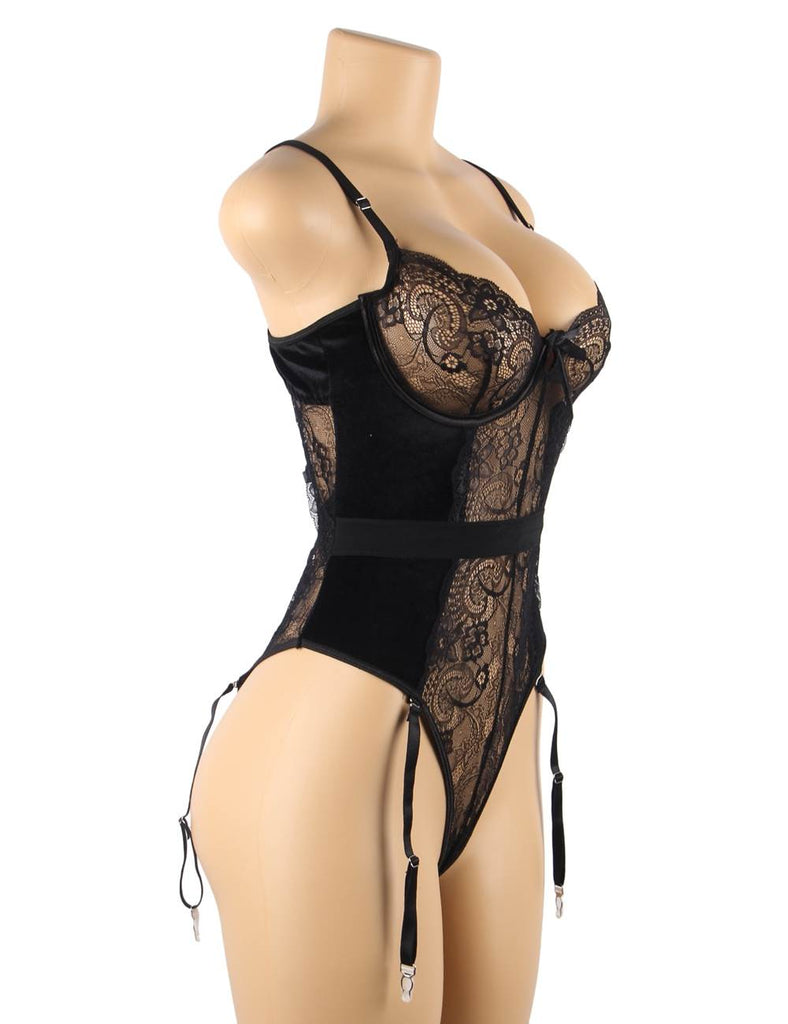 Cross Back Design Lace And Velour Stitching Teddy With Underwire
