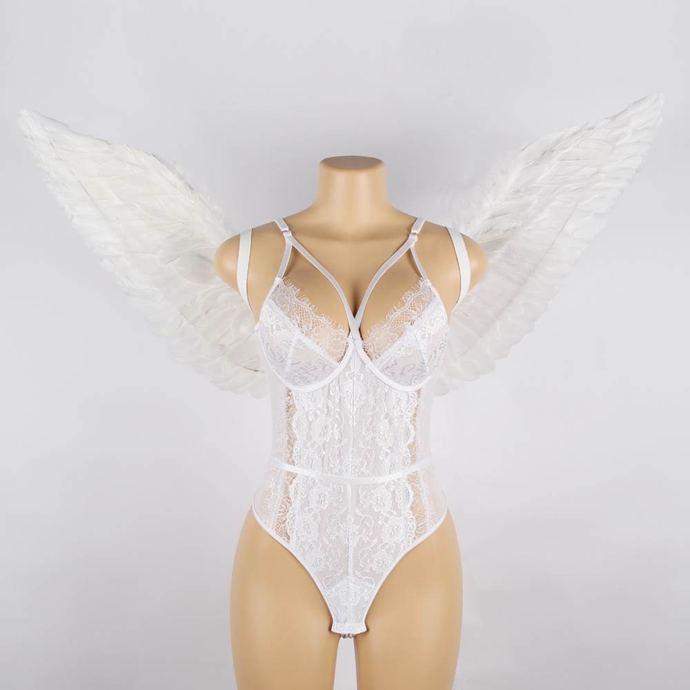 Angel Feather Wings Decoration White & Black Lace Sexy Bodysuit
