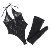 With Farawlaya Sexy Lace Sleeveless See-Through Backless Deep V-Neck Bodysuit With Stocking