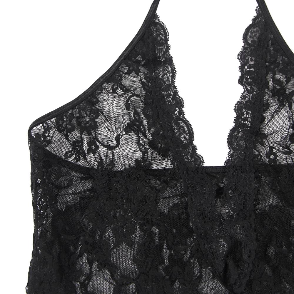 With Farawlaya Sexy Lace Sleeveless See-Through Backless Deep V-Neck Bodysuit With Stocking