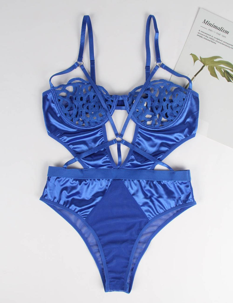 New Lace Splicing Exquisite Hollow Out Cup Teddy With Underwire