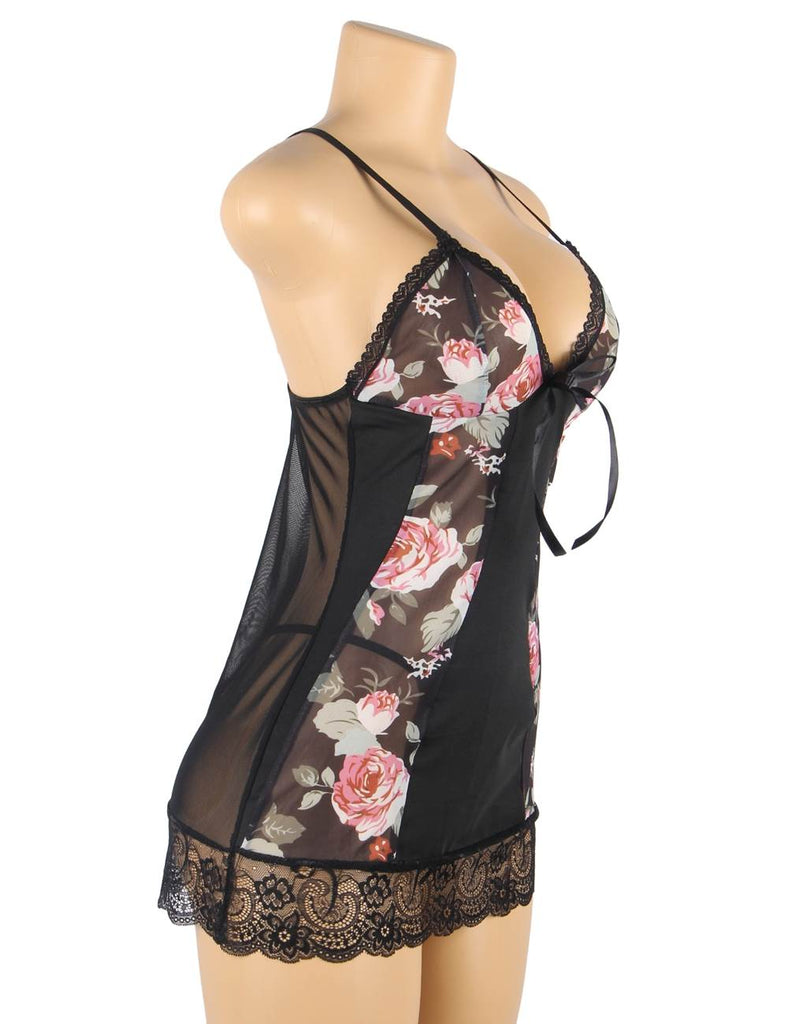 Floral Print Lace-up Babydoll Without Underwire
