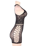 Crotchet Mesh Hollow-out Black Mini Chemise Dress With Gloves