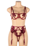 Plus Size Sexy 3pcs Red Embroidery Applique Bra Panty Set With Underwire Egypt