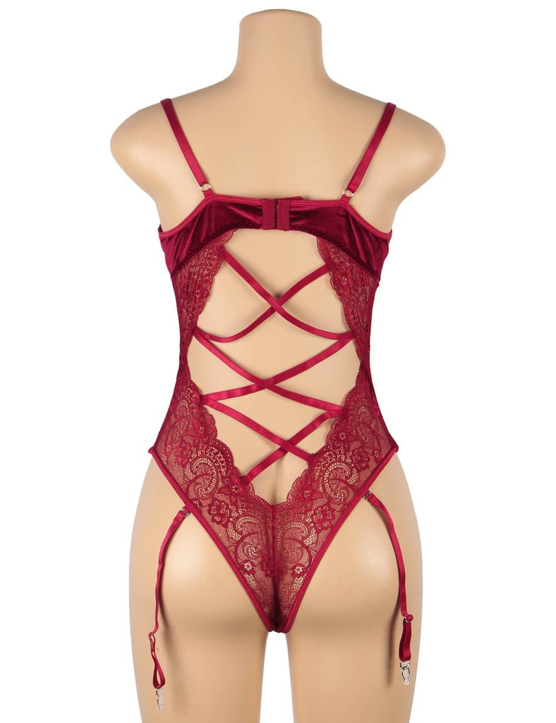 Cross Back Design Lace And Velour Stitching Teddy With Underwire