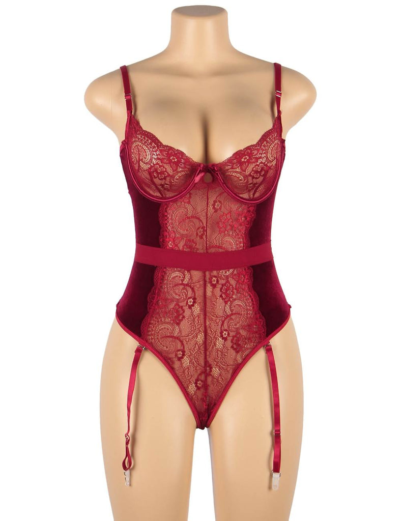 Cross Back Design Lace And Velour Stitching Teddy With Underwire
