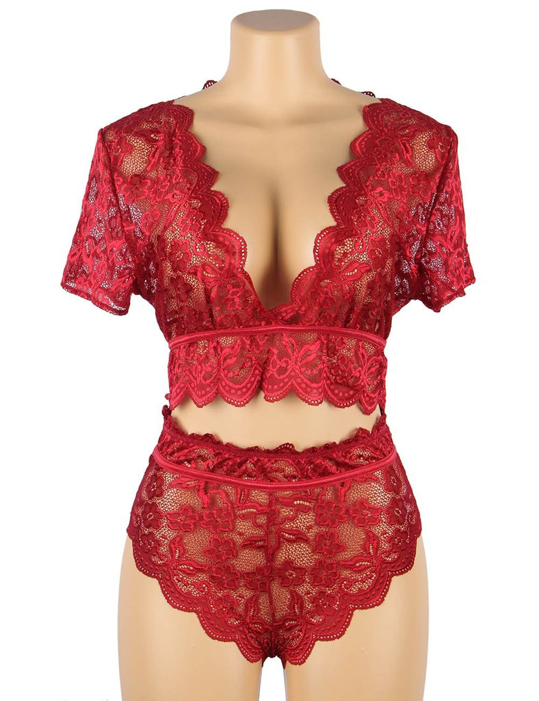 Naughty Sexy Girls High Waist Dark Red Full Lace Bra Panty Underwear