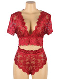 Naughty Sexy Girls High Waist Dark Red Full Lace Bra Panty Underwear