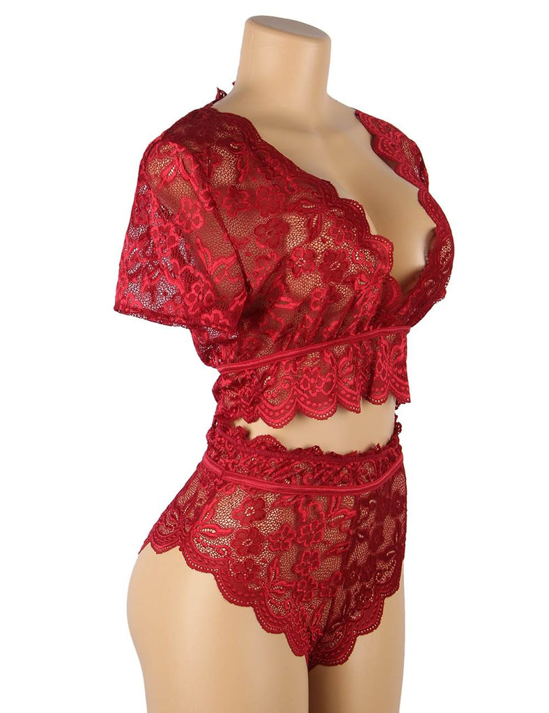 Naughty Sexy Girls High Waist Dark Red Full Lace Bra Panty Underwear