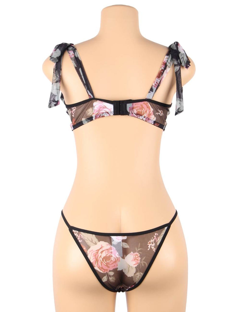 Floral Print Lace Bra Set With Underwire With Farawlaya