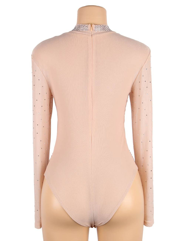 Black Long Sleeve Mesh Rhinestone Sexy Women Transparent Teddy