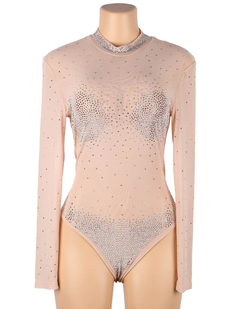 Black Long Sleeve Mesh Rhinestone Sexy Women Transparent Teddy